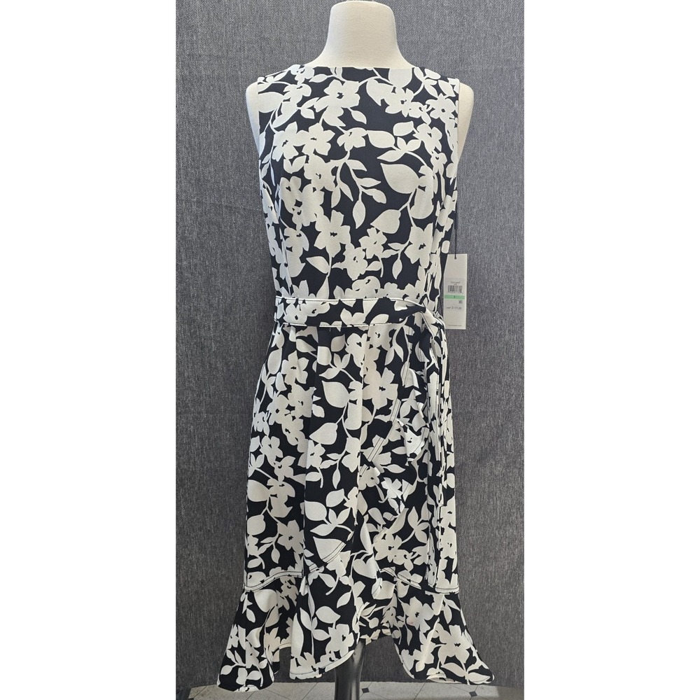 Calvin Klein Black White Floral Belted Ruffle Hem Dress Size 8 NWT $119